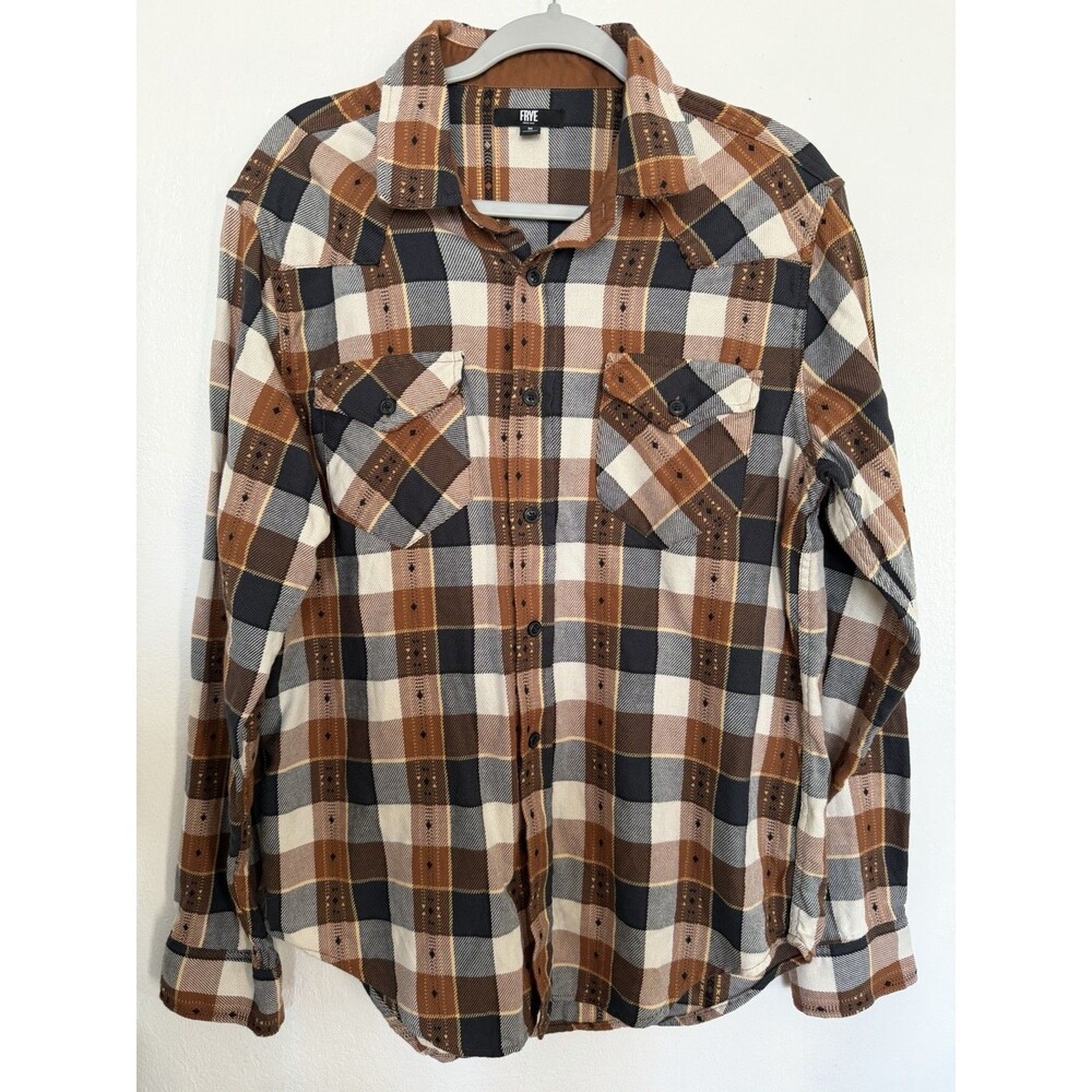 Frye Men's M Regular Cotton Flannel Plaid Button-Up Shirt Pockets Brown